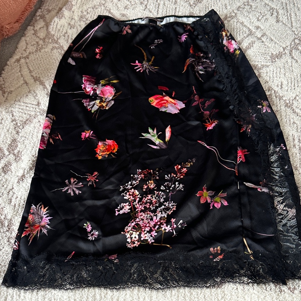 Victoria’s Secret Black Floral Satin Lace Trim Midi Skirt | Romantic Slip Style